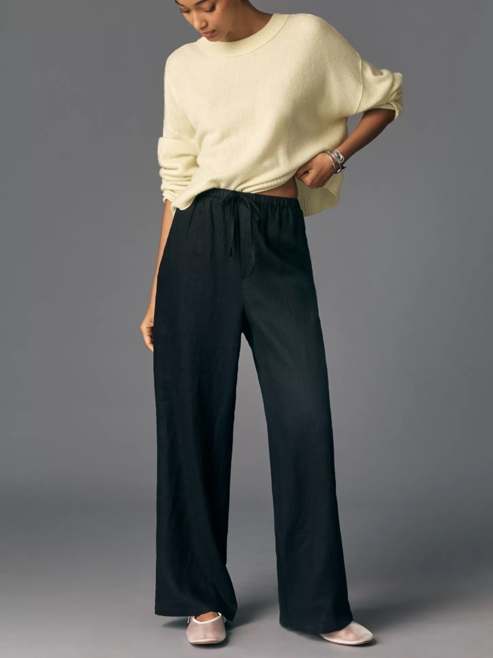 Anthropologie Maeve Linen Tie-Front Pull-On Pants Casual Breeze Wide-Legs L TALL